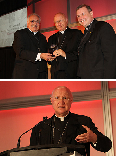 Archbishop Claudio Maria Celli received the St. Francis DeSales Distinguished Communicator Award from Bishop Nicholas DiMarzio, left, and Monsignor Kieran Harrington before giving his keynote address on Thursday.
